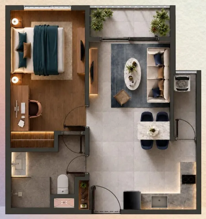 Mặt bằng căn 1 phòng ngủ — 52,92 m² tim tường