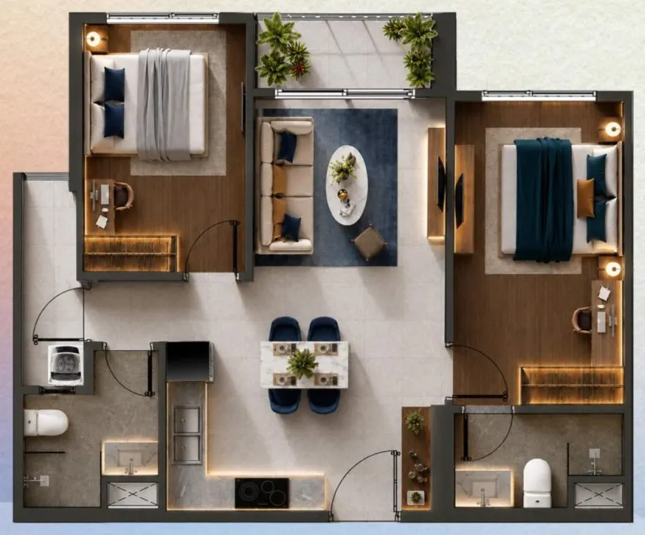 Mặt bằng căn 2PN Basic — 69 m² tim tường