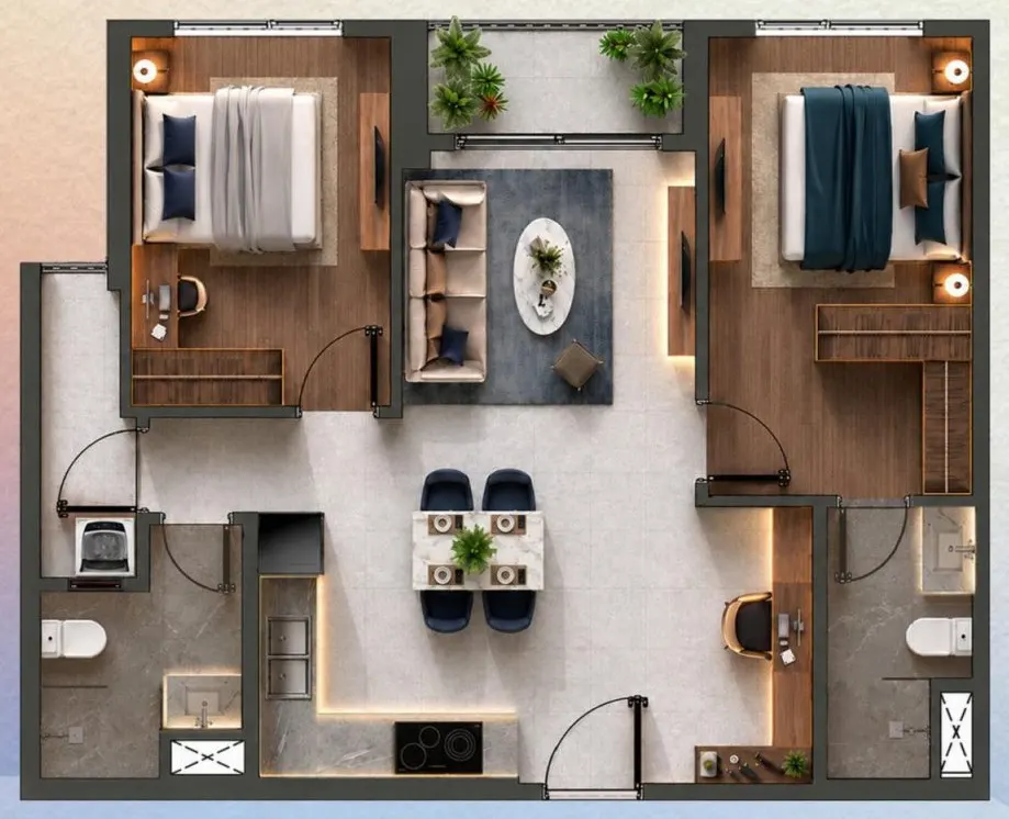 Mặt bằng căn 2PN Plus — 73,96 m² tim tường
