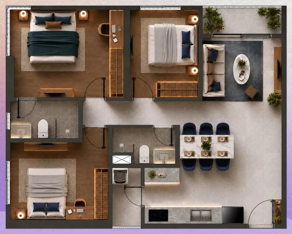 Mặt bằng căn 3PN Basic — 94,55 m² tim tường