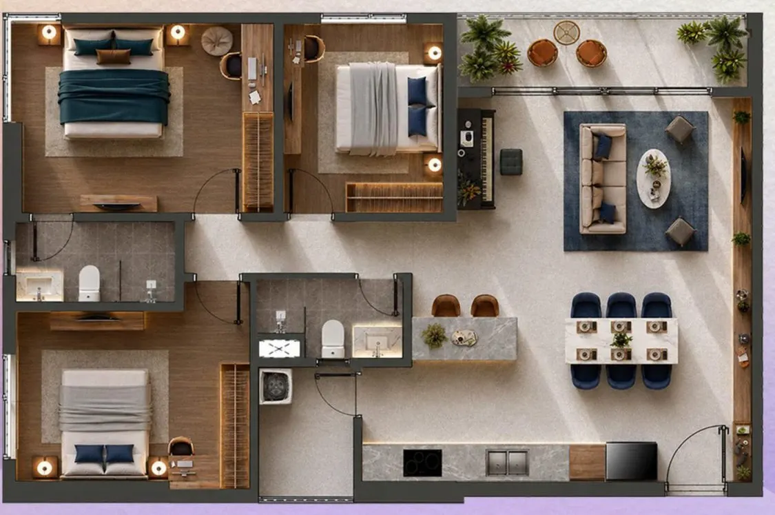Mặt bằng căn 3PN Plus — 119,57 m² tim tường