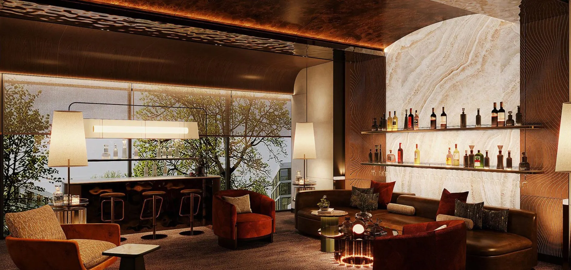 Cigar Lounge với nội thất gỗ và da ấm áp