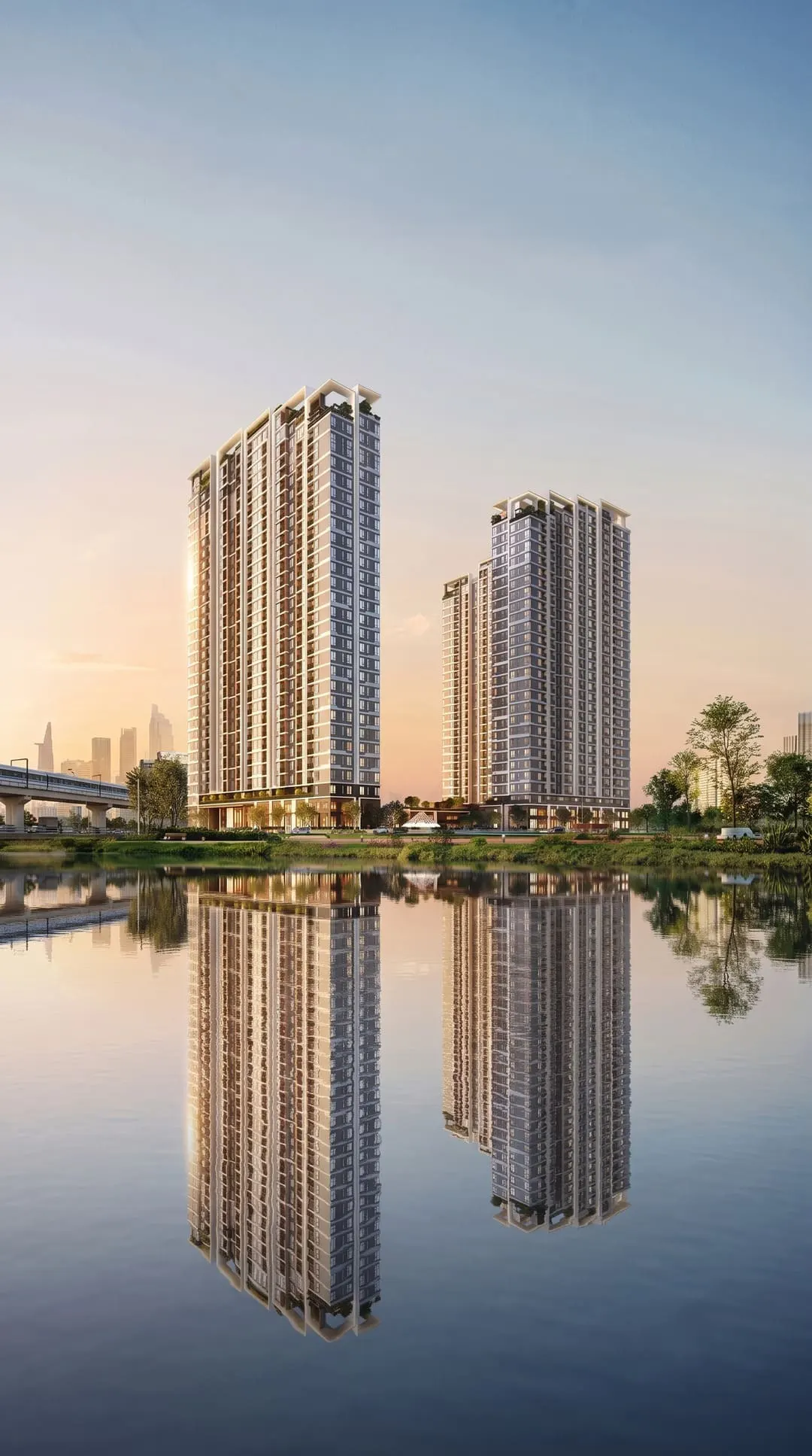 Phối cảnh hai tháp TT Genesis soi bóng xuống mặt sông lúc bình minh