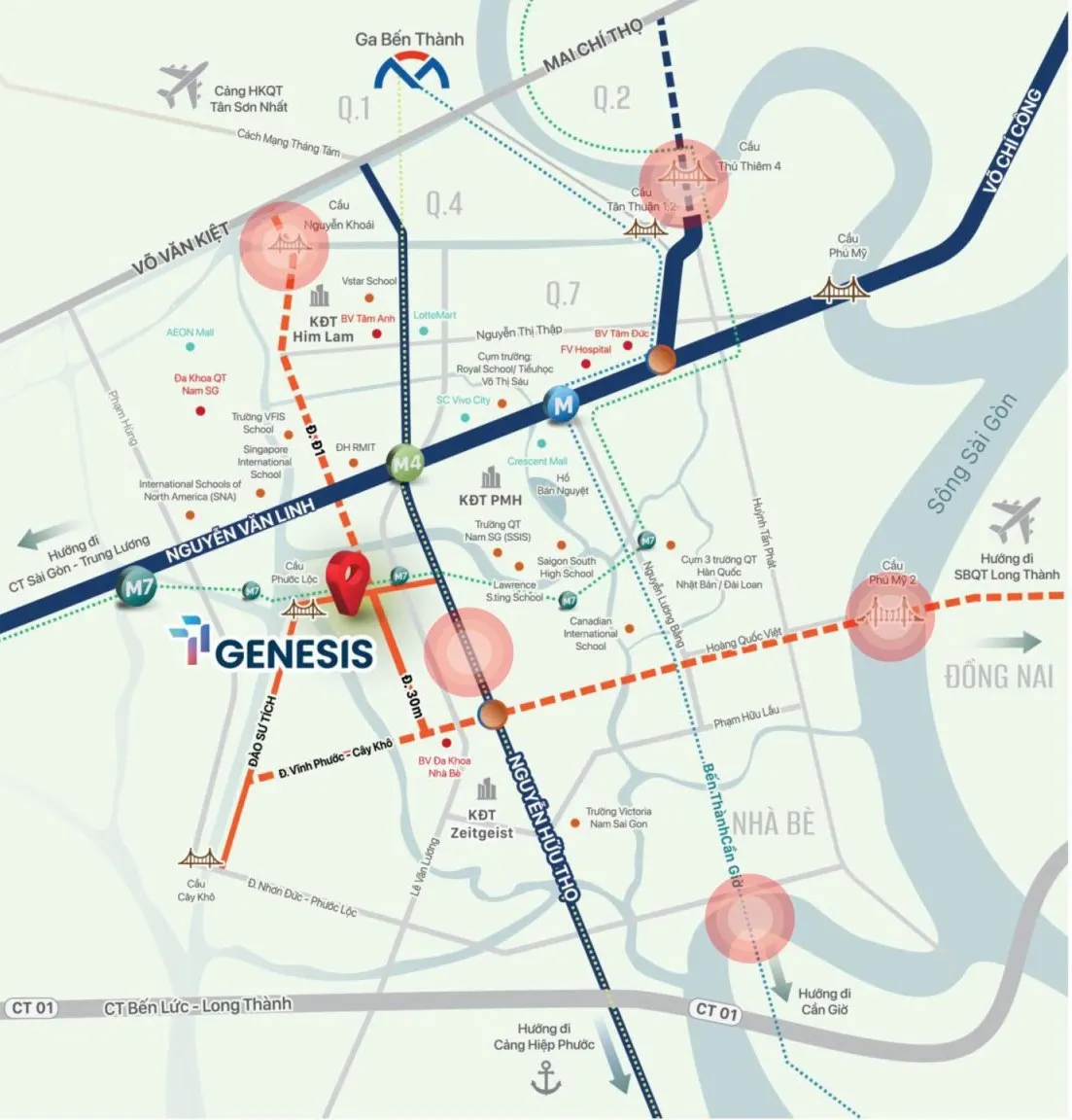 Bản đồ vị trí TT Genesis và các tuyến hạ tầng khu Nam TP.HCM