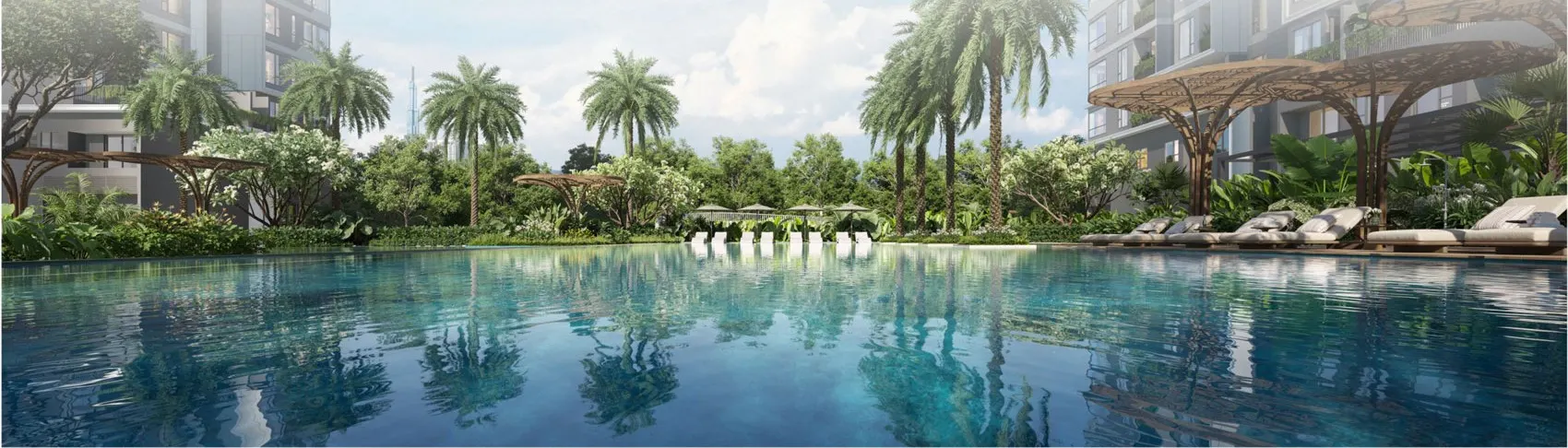 Hồ bơi muối khoáng và hàng cọ trong tổ hợp The Oasis