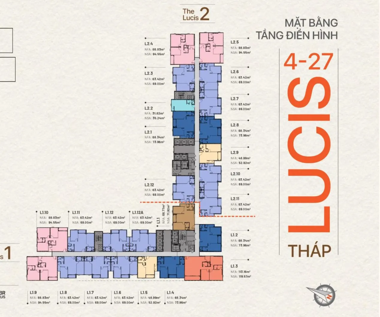 Mặt bằng tầng điển hình tháp The Lucis từ tầng 4 đến 27 với mã căn và diện tích